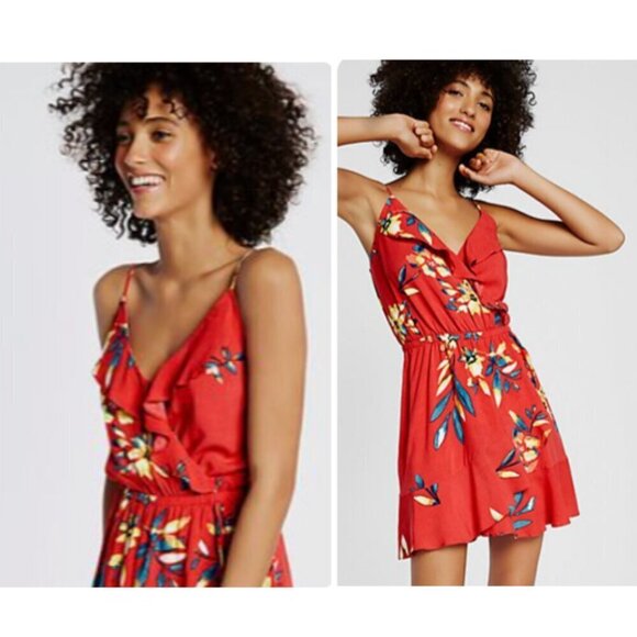 Express Faux Wrap Mini Dress, Black/Floral, SM - Picture 1 of 7